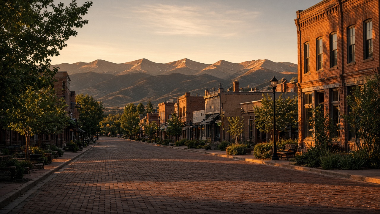 Arvada Colorado Olde Town streetscape at golden hour