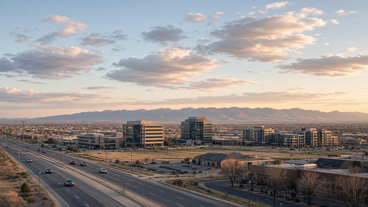 Aurora Colorado cityscape along East Colfax at golden hour