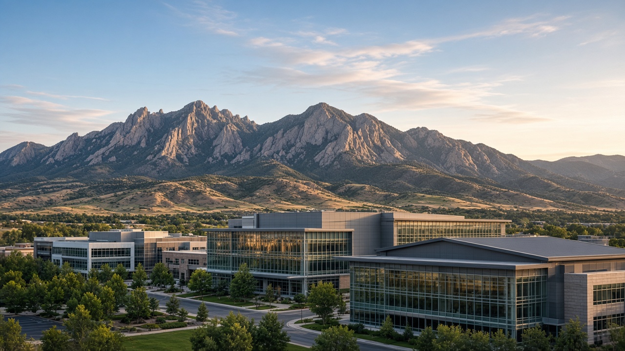 Broomfield Colorado modern skyline near the Flatirons foothills