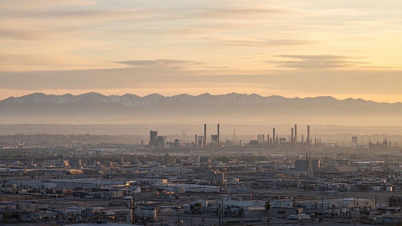 Commerce City Colorado industrial skyline and Front Range haze