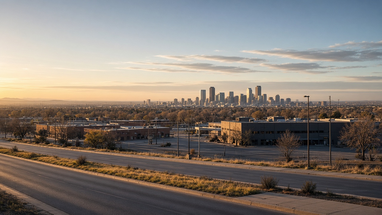 Englewood Colorado city street with Denver metro skyline distant