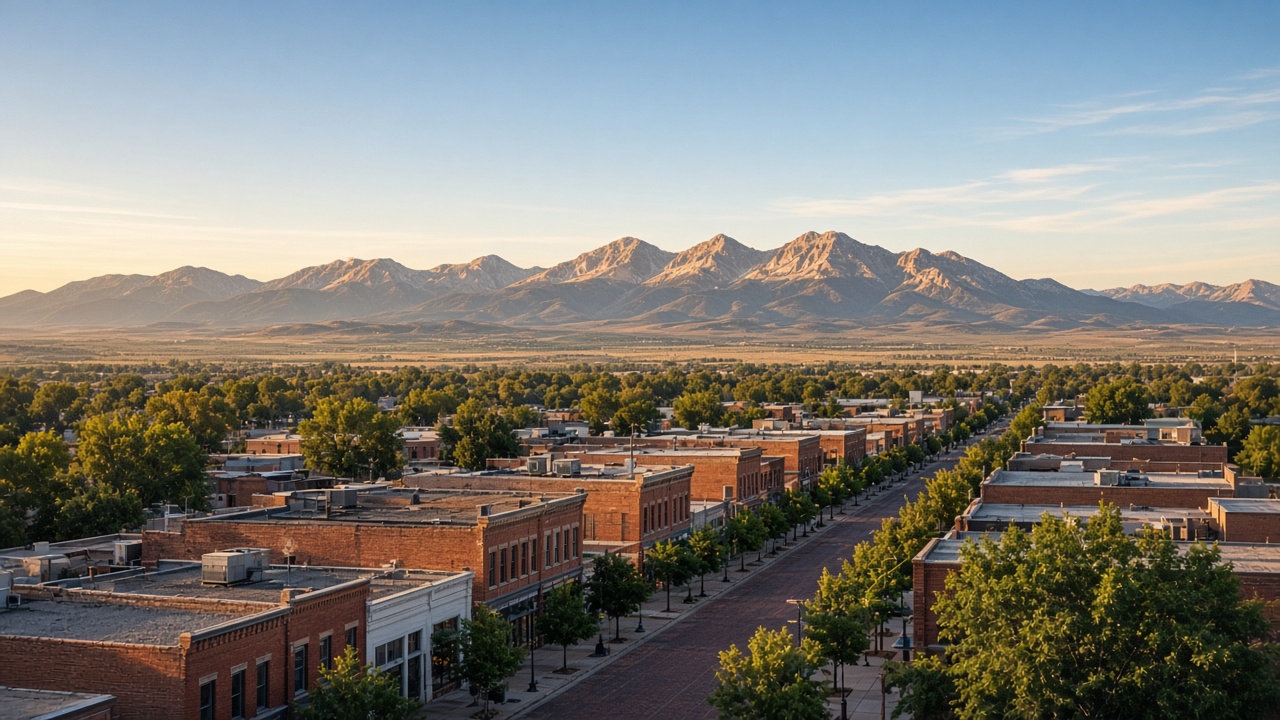 Lafayette Colorado downtown with Front Range foothills