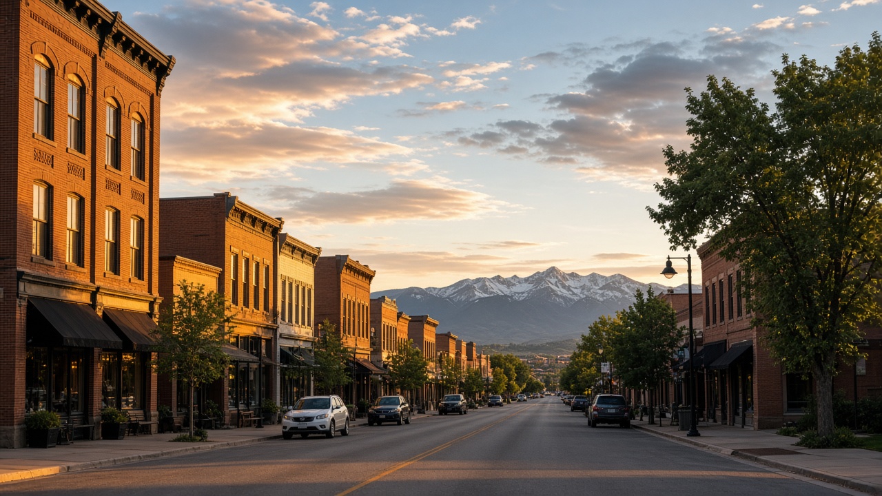 Littleton Colorado historic Main Street and mountains distant