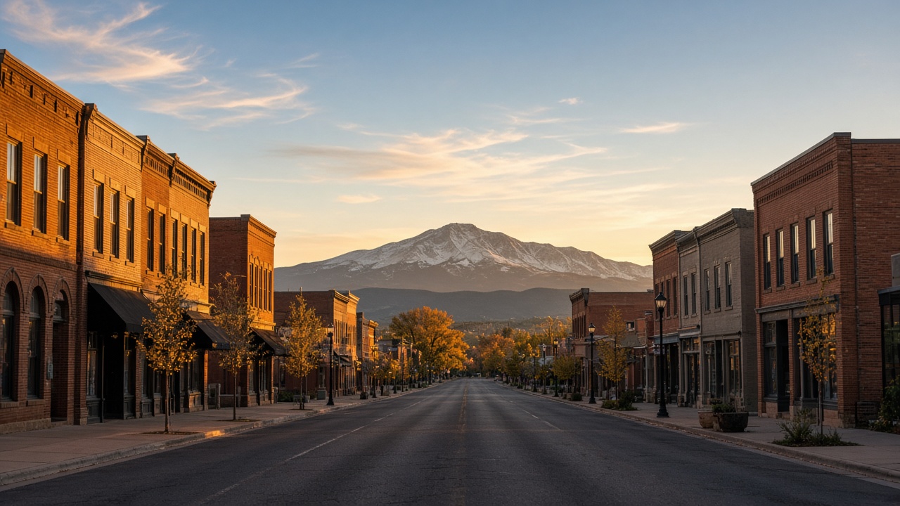 Longmont Colorado Main Street with Longs Peak on the horizon
