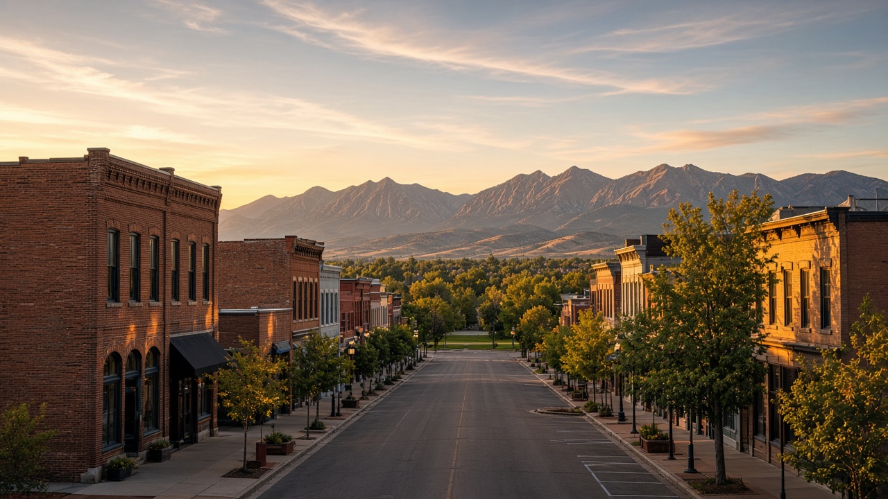 Louisville Colorado historic downtown and Flatirons view