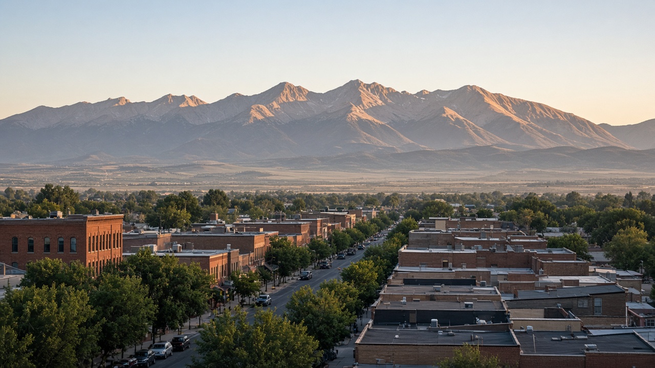 Loveland Colorado downtown with Rocky Mountain Front Range