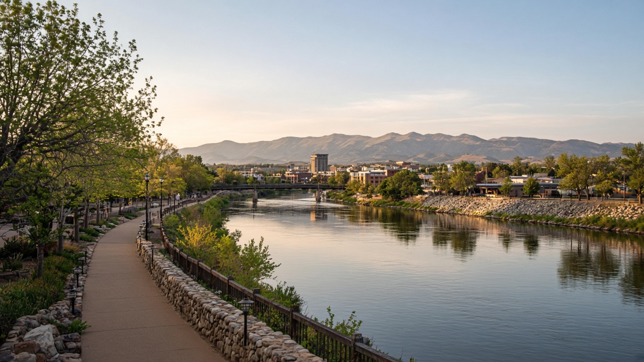 Pueblo Colorado riverwalk and downtown at late afternoon
