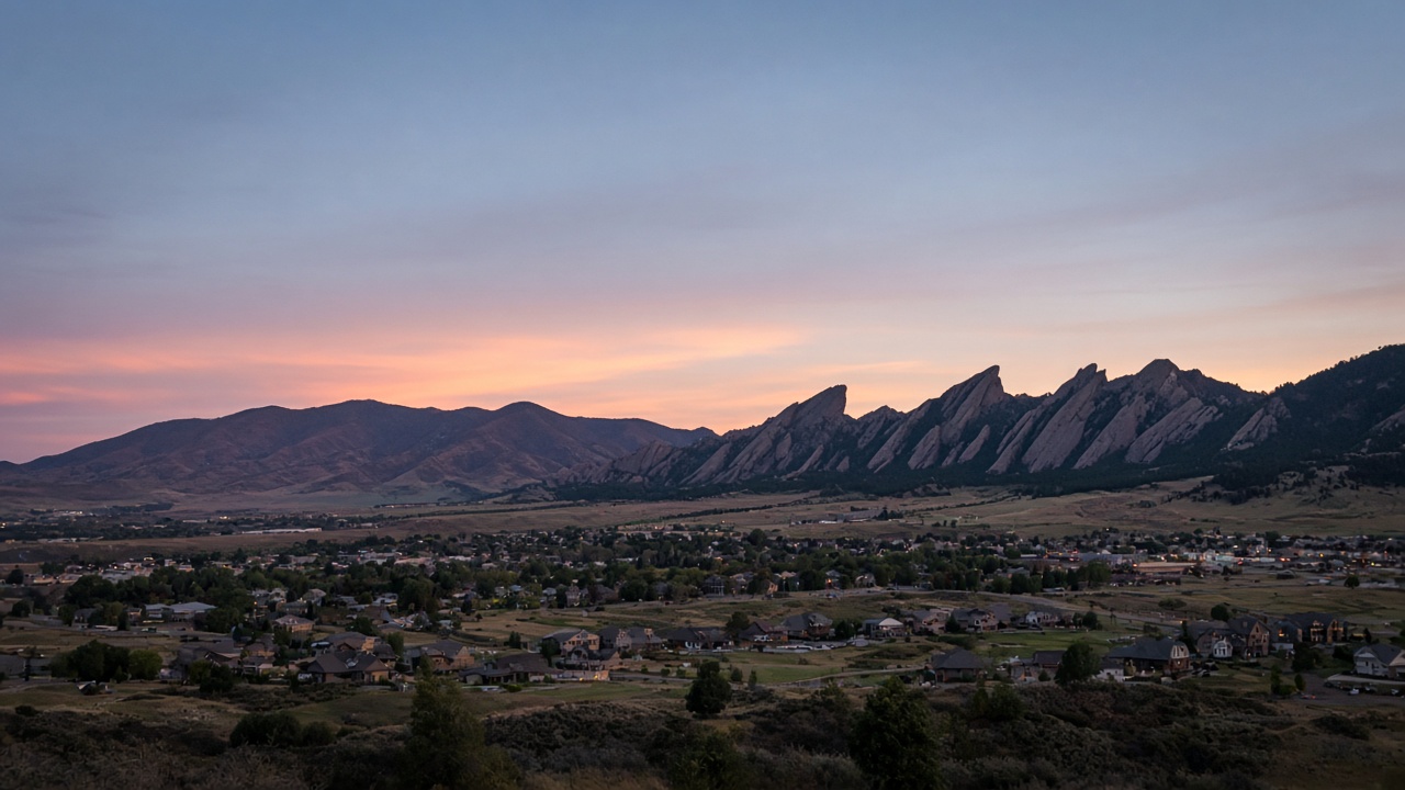 Superior Colorado with Flatirons foothills at dusk